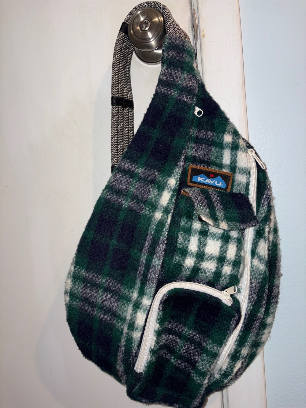 Kavu Green Black White Plaid Sling Bag with Woven Strap